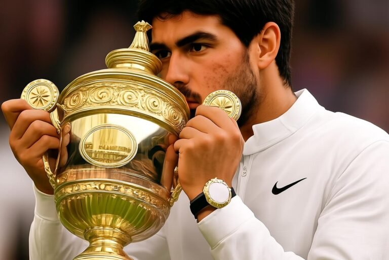 Novak Djokovic mengangkat trofi Wimbledon 2024